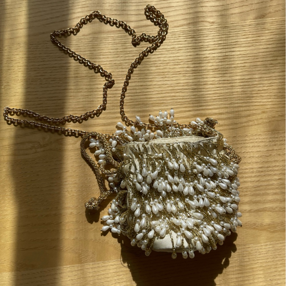 Anthropologie Pearl Fringe Bucket Bag
